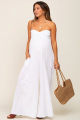 White Strapless Front Twist Maternity Jumpsuit