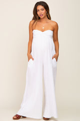 White Strapless Front Twist Maternity Jumpsuit