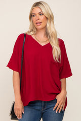 Red Oversized V-Neck Pocket Front Blouse