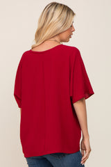 Red Oversized V-Neck Pocket Front Blouse