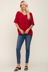Red Oversized V-Neck Pocket Front Blouse