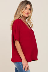 Red Oversized V-Neck Pocket Front Maternity Blouse