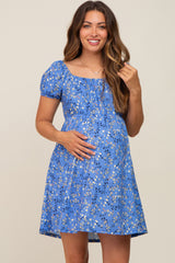 Blue Floral Short Sleeve Maternity Dress