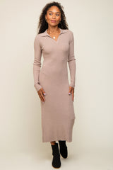 Taupe Ribbed Knit Collared Fitted Midi Dress