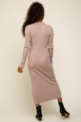 Taupe Ribbed Knit Collared Fitted Midi Dress