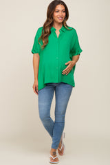 Green Button Up Dolman Short Sleeve Maternity Top