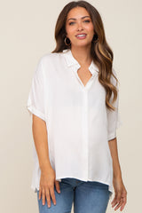 White Button Up Dolman Short Sleeve Maternity Top