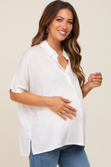 White Button Up Dolman Short Sleeve Maternity Top