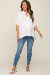 White Button Up Dolman Short Sleeve Maternity Top