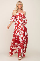 Rust Floral Overlay Off-Shoulder Side Slit Maternity Maxi Dress