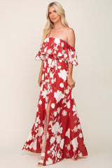 Rust Floral Overlay Off-Shoulder Side Slit Maxi Dress