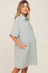 Light Olive Linen Front Button Collared Maternity Dress