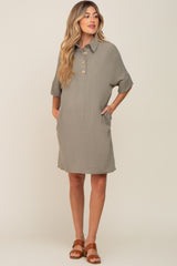 Sage Linen Front Button Collared Maternity Dress