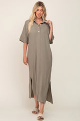 Olive Collared Linen Maxi Dress