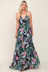 Black Tropical Floral Chiffon Wrap Front Maxi Dress