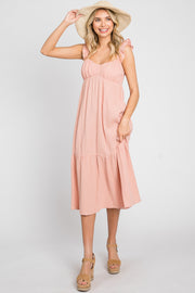 Light Pink Gauze Ruffle Midi Dress