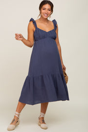 Navy Gauze Ruffle Maternity Midi Dress