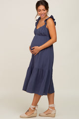 Navy Gauze Ruffle Maternity Midi Dress