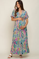 Blue Multi-Color Floral Ruffle Maternity Maxi Dress