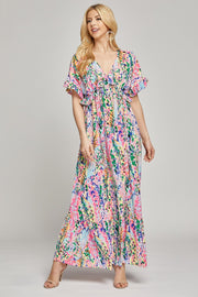 Pink Multi-Color Floral Ruffle Maxi Dress