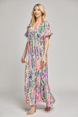 Pink Multi-Color Floral Ruffle Maxi Dress