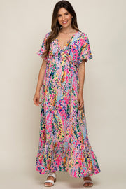 Pink Multi-Color Floral Ruffle Maternity Maxi Dress