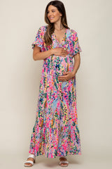 Pink Multi-Color Floral Ruffle Maternity Maxi Dress