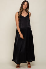 Black Satin Side Slit Maternity Maxi Dress