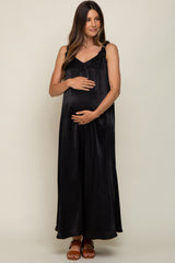 Black Satin Side Slit Maternity Maxi Dress