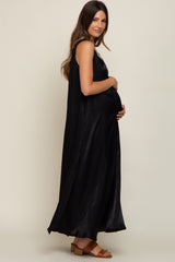 Black Satin Side Slit Maternity Maxi Dress