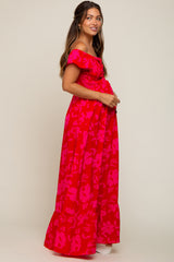 Red Floral Smocked Cinched Top Maternity Maxi Dress