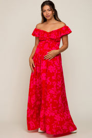 Red Floral Smocked Cinched Top Maternity Maxi Dress