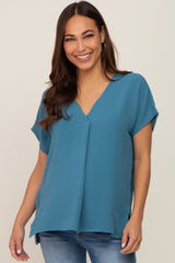 Teal Oversized V-Neck Maternity Blouse