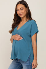 Teal Oversized V-Neck Maternity Blouse