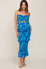 Blue Floral Smocked Drawstring Front Cutout Ruffle Trim Maternity Midi Dress