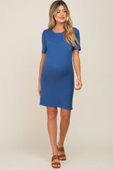 Blue Ribbed Basic Short Sleeve Maternity Dress