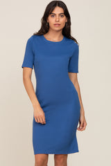 Blue Ribbed Basic Short Sleeve Dress