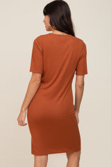 Rust Ribbed Basic Short Sleeve Dress