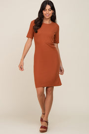 Rust Ribbed Basic Short Sleeve Dress