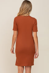 Rust Ribbed Basic Short Sleeve Maternity Dress