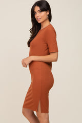 Rust Ribbed Basic Short Sleeve Dress