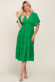 Green Ruffle Tiered V-Neck Midi Dress