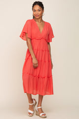 Coral Ruffle Tiered V-Neck Midi Dress