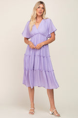 Lavender Ruffle Tiered V-Neck Midi Dress