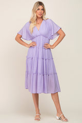 Lavender Ruffle Tiered V-Neck Midi Dress