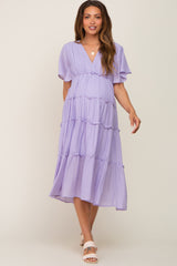 Lavender Ruffle Tiered V-Neck Maternity Midi Dress