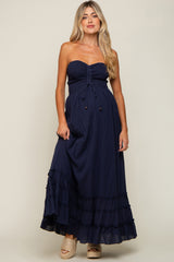 Navy Smocked Cutout Back Maternity Maxi Dress