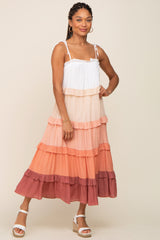 Peach Ombre Ruffle Tiered Shoulder Tie Midi Dress