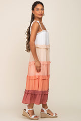 Peach Ombre Ruffle Tiered Shoulder Tie Midi Dress