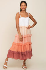 Peach Ombre Ruffle Tiered Shoulder Tie Midi Dress